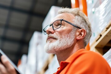 Poster - Mindful Industrial Leadership Mature Professional in Vibrant Orange, Navigating Modern Logistics with Strategic Focus and Tech-Enabled Precision