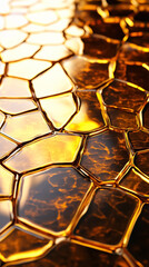 Poster - Honeycomb pattern with golden tones creates a shiny reflective surface. Rich amber colors blend with black undertones, enhancing visual appeal. Concept of art design, texture, packaging