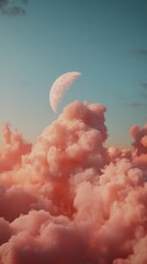 Poster - Ethereal Mindfulness Moment Soft Pastel New Moon Rising Through Dreamy Coral Cloudscape - Wellness Aesthetic and Transformative Digital Content Design