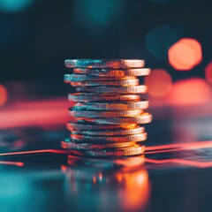 Poster - Futuristic Financial Growth Metallic Coin Stack with Neon Digital Overlay - Innovative Wealth Management and Investment Strategy Visualization