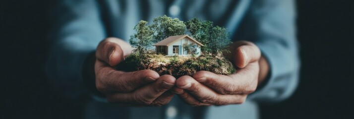 Poster - Green Living Reimagined Holistic Eco-Sanctuary Visualization with Miniature Sustainable Home Nestled in Nurturing Hands - Climate-Conscious Real Estate Innovation