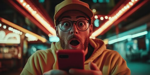 Aufkleber - Viral Tech Shock Millennial Digital Consumer Experiencing Hyper-Targeted Mobile Notification in Neon Urban Landscape - Immersive UX Surprise Marketing Moment