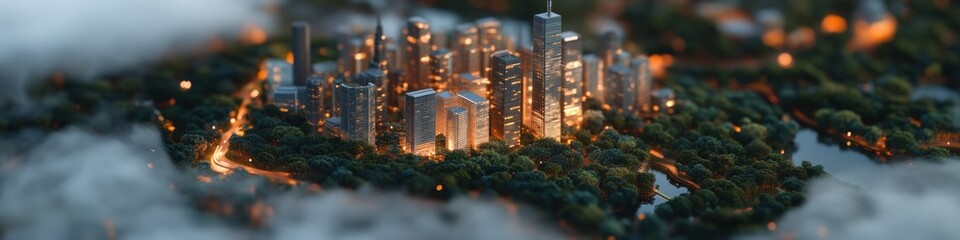 Aufkleber - Eco-Futuristic Urban Miniature Illuminated Green City Model Showcasing Sustainable Design Innovation for Smart Metropolis Planning and Climate-Responsive Architecture