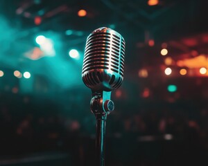 Fototapete - Vintage Chrome Retro Microphone Nostalgic Live Music Performance Aesthetic for Immersive Event Branding and Creative Content Marketing