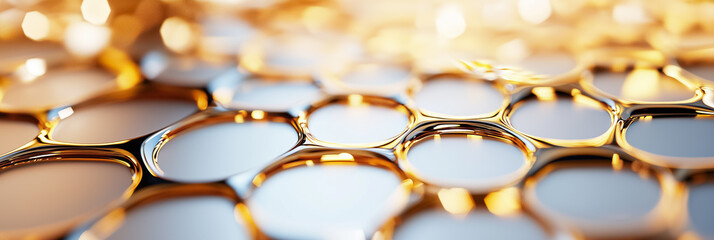 Poster - Golden bubbles create an abstract design with reflective surfaces revealing intricate details. Captivating composition highlights light reflections and textures. Concept of design, art, advertising
