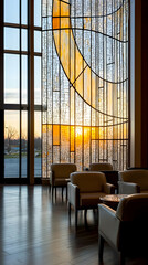 Aufkleber - Modern Building Interior with Sunset View Through Abstract Glass Panel