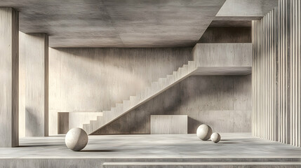 Aufkleber - Modern Minimalist Concrete Interior with Staircase and Spheres