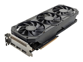 Fototapete - Close up shot of a black graphics card with three fans on a transparent background for computer builds