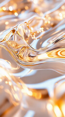 Poster - Golden liquid flows smoothly, creating shimmering reflections in a soft light setting. This artistic design evokes elegance and beauty in abstract visuals. Concept of design, art, luxury