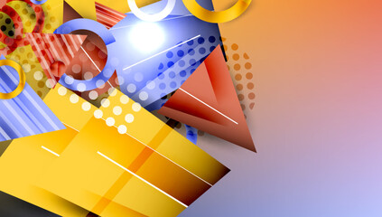 Poster - Bright shapes overlap, creating dynamic composition. Colors blend, forming gradient background. Lines add structure, enhancing visual interest.