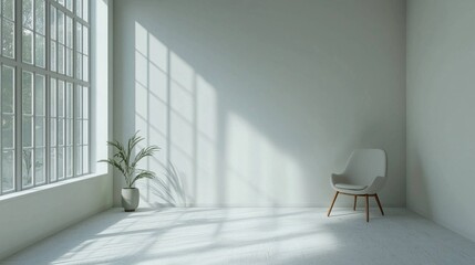 Fototapete - Soft sunlight streams through expansive windows into a tranquil room, illuminating a simple chair and a potted plant. The white walls and floor enhance the peaceful ambiance