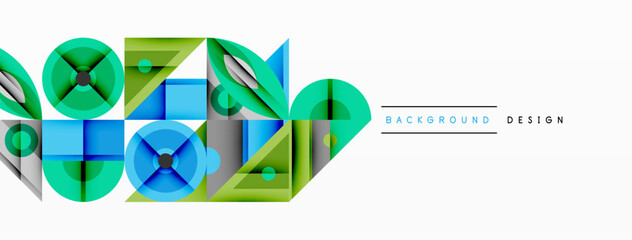 Aufkleber - Abstract geometric composition. Overlapping squares, circles create modern design. Blue, green shades dominate. Minimalist style. Clean lines.