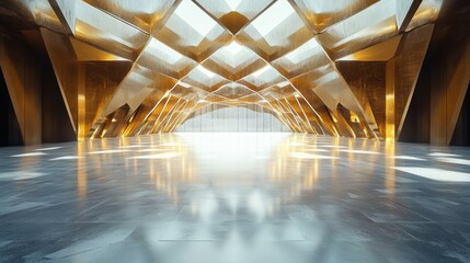 Fototapete - Abstract Geometric Structure with Glowing Light and Reflective Floor
