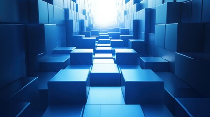 Poster - Abstract minimalist blue room with cubes forming a path leading to a light source