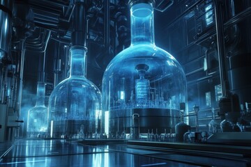 Poster - Futuristic laboratory with glowing glass containers and advanced technology