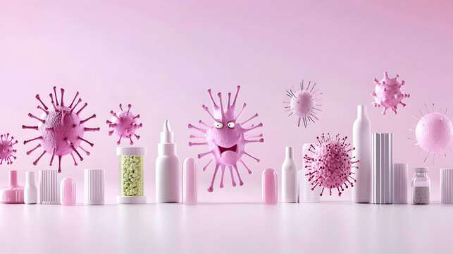 Playful Pink Virus and Medicine Bottles 3D Illustration