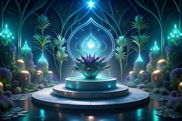 a mystical enchanted garden bathed in ethereal blue light, a sacred lotus blossom at its heart, glow