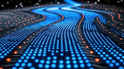Poster - Abstract Digital River of Lights: A Flowing Network of Blue and Orange Illumination