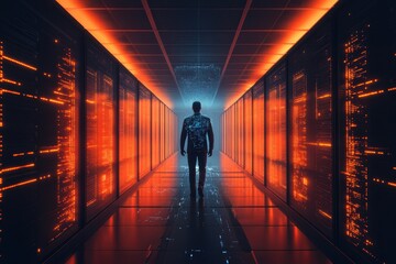 Poster - Futuristic figure exploring a neon-lit data center in a darkened corridor