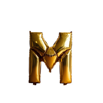 A golden color balloon shaped like the capital letter M