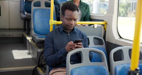 Poster - Bus, travel and man with cellphone, business and message to contact, chatting and social media. Person, graphic designer or guy with smartphone, commute or mobile app with online schedule or New York