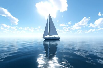 white sailboat sailing peacefully across a calm ocean under a bright sun, with clear blue sky and so