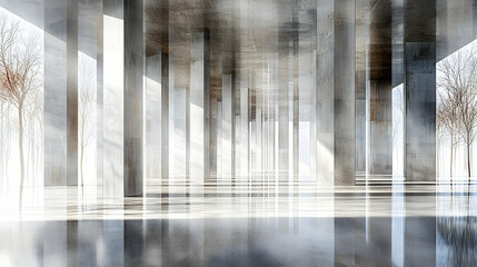 Aufkleber - Vast Concrete Hall With Reflective Floor And Light Pillars