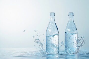 Poster - Clear water bottles create splashes on a smooth surface against a light background