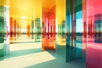 Poster - Colorful glass corridor with vibrant reflections illuminated by sunlight
