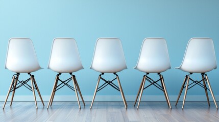 Poster - a row of modern, minimalist chairs against a light blue wall, showcasing sleek design and a clean ae