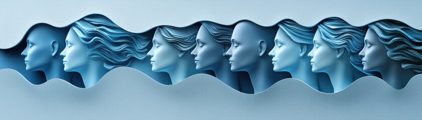 Poster - A flowing series of blue faces appears in profile, suggesting movement and depth, set against a textured, light blue background.