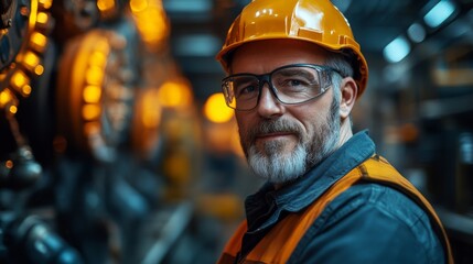 Aufkleber - A skilled worker wearing a safety helmet and glasses is engaged in mining operations, overseeing the equipment in a well lit quarry. The atmosphere reflects diligence in mineral processing.