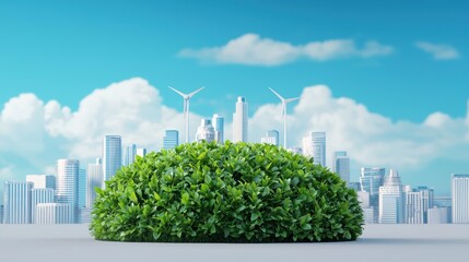 Poster - sustainability futuristic city with vertical gardens and renewable energy sources illustrated