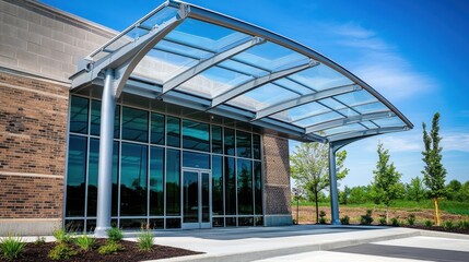Modern Architectural Entrance with Clear Canopy Design