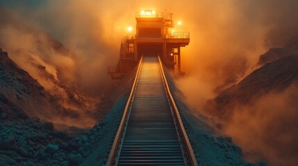 Poster - A mining facility emerges from thick dust clouds at sunrise, showcasing machinery and infrastructure essential for mineral extraction and processing activities.