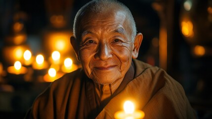 Poster - An elderly monk sits peacefully in a dimly lit temple, surrounded by flickering candlelight. His gentle smile radiates warmth and wisdom, embodying a moment of deep reflection and calm