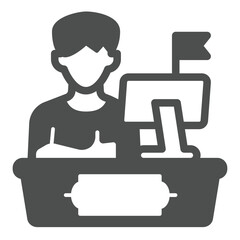 Poster - Young man at desk monitor with flag solid icon, recruitment concept. Vector graphics. Worker, specialist sign on white background, glyph style icon for mobile or web design.