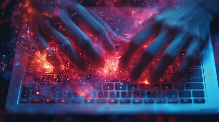 Poster - Hands dance across a glowing keyboard, enveloped in a swirl of colorful light