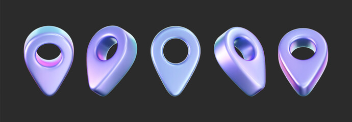 Wall Mural - 3d holographic location pin icons with iridescent and neon effects. isolated on a dark background. r