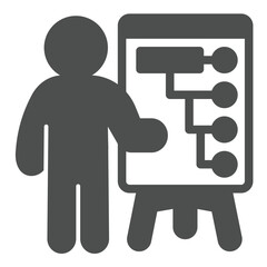 Poster - Marketer man at whiteboard infographics solid icon, presentation concept. Vector graphics. Human with presentation stand sign on white background, glyph style icon for mobile or web design.
