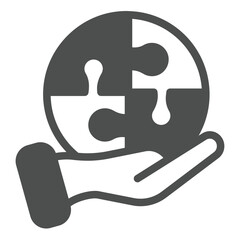 Poster - Hand with puzzle game bubble solid icon, solution concept. Vector graphics. Puzzle piece in hand, training sign on white background, glyph style icon for mobile or web design.