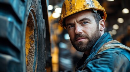 Poster - A miner wears a yellow hard hat while inspecting equipment in a mineral processing plant. Dust and machinery are prominent, indicating continuous operations in resource extraction.