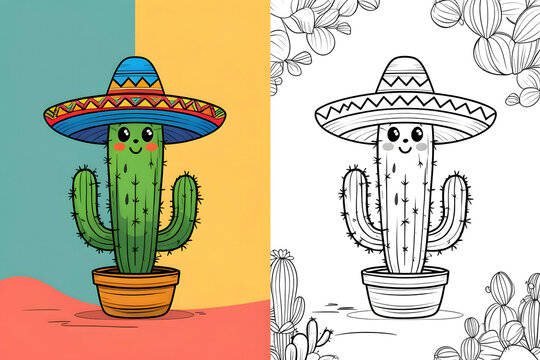 Colorful cactus wearing a sombrero in a vibrant setting with a black and white version for coloring