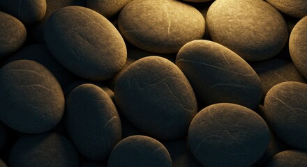 Poster - A close-up, top-down photograph of smooth, rounded stones clustered together, with subtle shading and texture