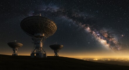Poster - Three large radio telescopes stand silhouetted against a night sky filled with stars and the Milky Way galaxy, overlooking a distant city glowing on the horizon