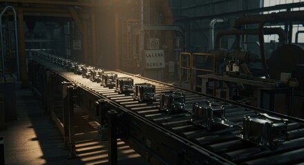 Poster - A row of identical metal objects moves along a conveyor belt in an industrial factory setting, illuminated by a shaft of light