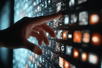 Poster - Close up of human hand touching icon of media screen on dark background Close up of human hand touching icon on media screen 3D rendering .