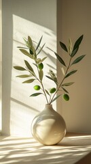 Poster - Delicate olive branches with vibrant green fruits stand gracefully in a simple vase on a sunlit window sill, casting enchanting shadows across the warm wooden surface, evoking a peaceful ambiance