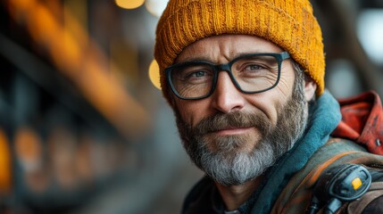Leinwandbilder - Miner with a beard and glasses smiles confidently while wearing a yellow beanie. The backdrop features industrial quarry machinery and a bright, sunny atmosphere emphasizing the mining activity.
