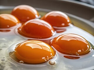 Poster -  A close-up of six freshly cooked eggs in their shells, sitting on a glass plate with a blurred background.